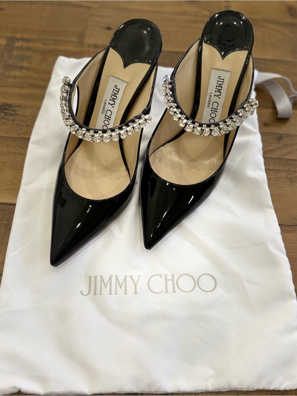 Jimmy Choo Black Patent Pointed-Toe Pumps with Crystal Strap